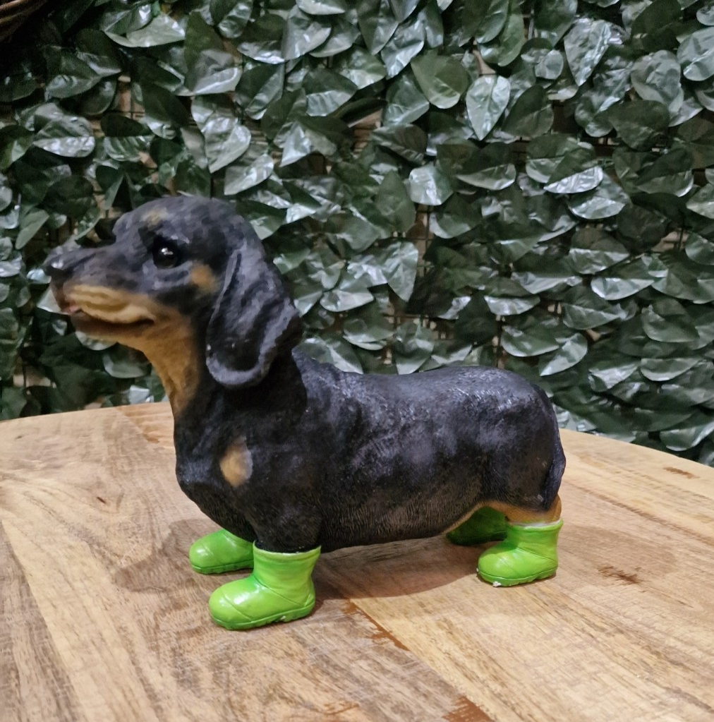 Dachshund Sausage Dog Garden Home Ornament Green Wellies Resin Gift Figure