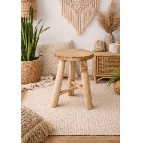 Solid Teak Wood Stool, 3 Legged, Chunky, Rustic