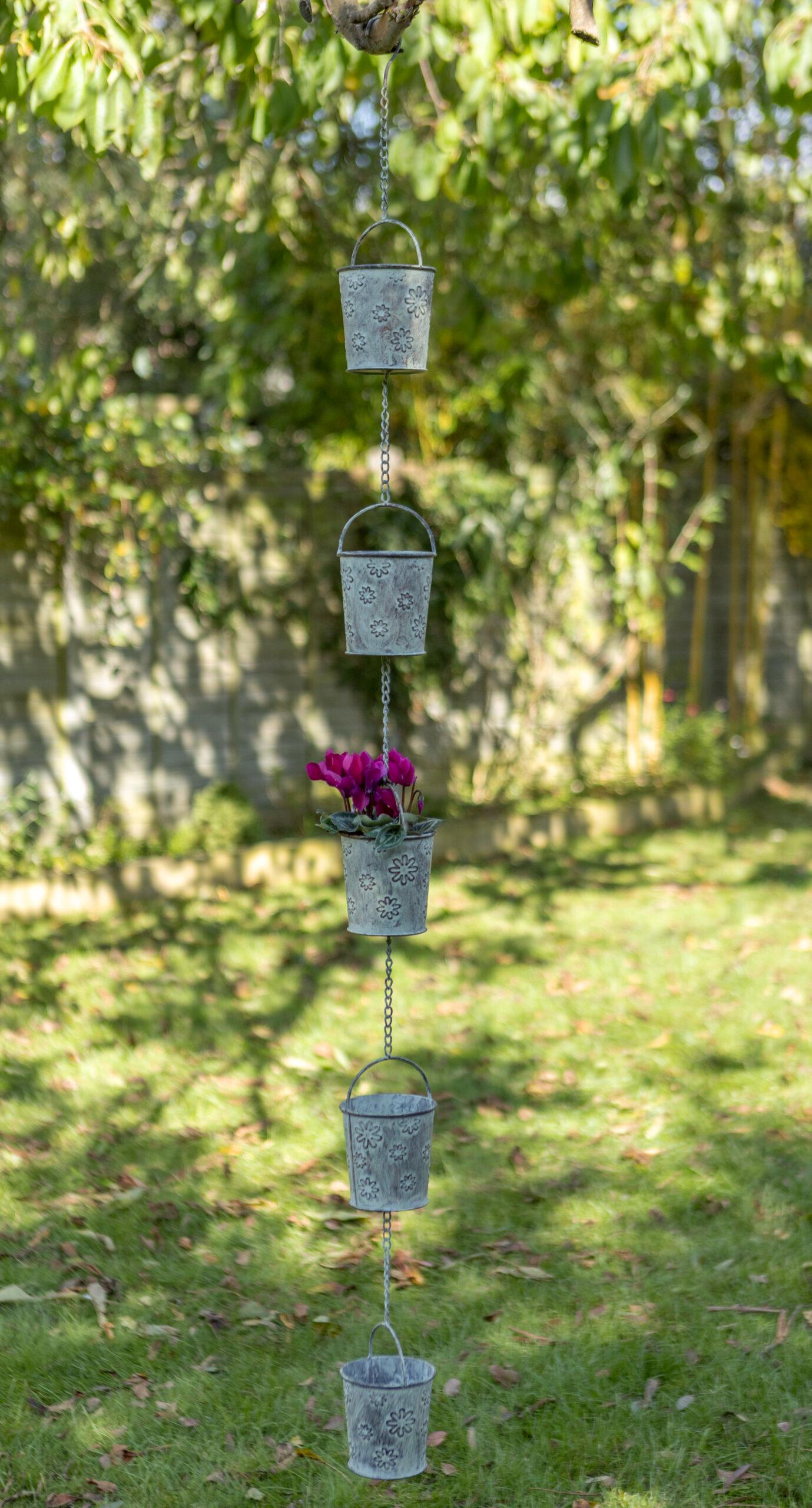 Bucket Pail Embossed Metal Rain Chain Hanging Garden Ornament