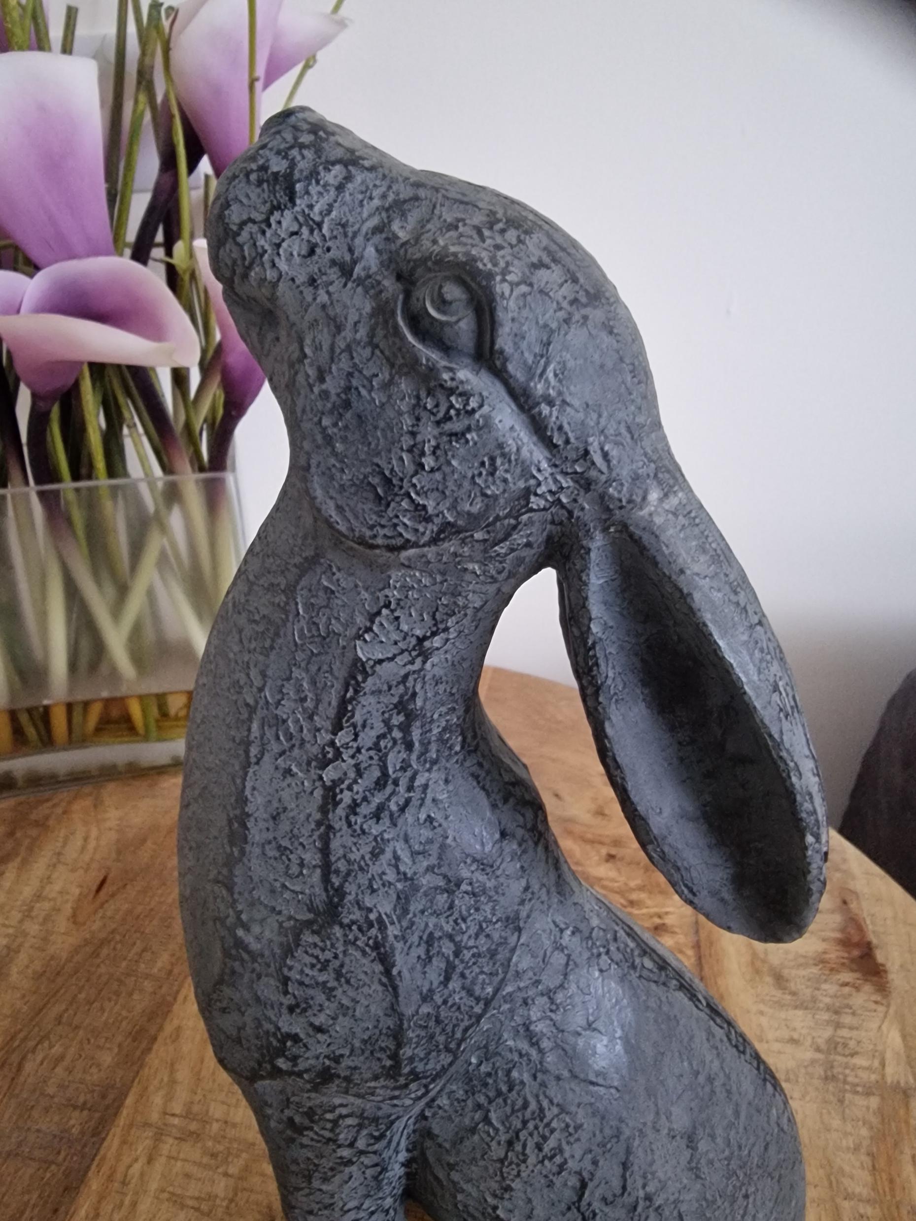 Sitting Moongazing Hare Rabbit Ornament Figure Grey Colour Sculpture Decor