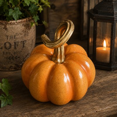 Large Orange Pumpkin Ornament with Gold Stem