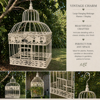 Large Vintage Cream Bird Cage Hanging Planter
