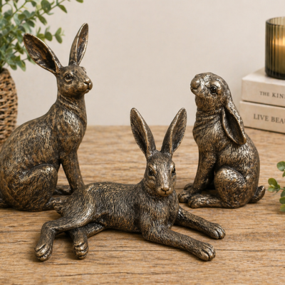 Mini Set of 3 Hares Rabbit Bronze Coloured Ornaments Resin Bronze/ Gold Effect Figure Sculpture Home Decor