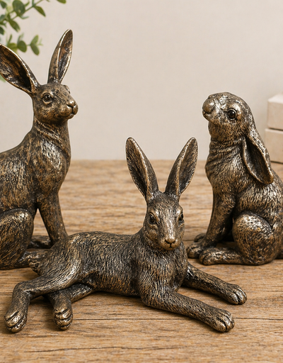 Mini Set of 3 Hares Rabbit Bronze Coloured Ornaments Resin Bronze/ Gold Effect Figure Sculpture Home Decor