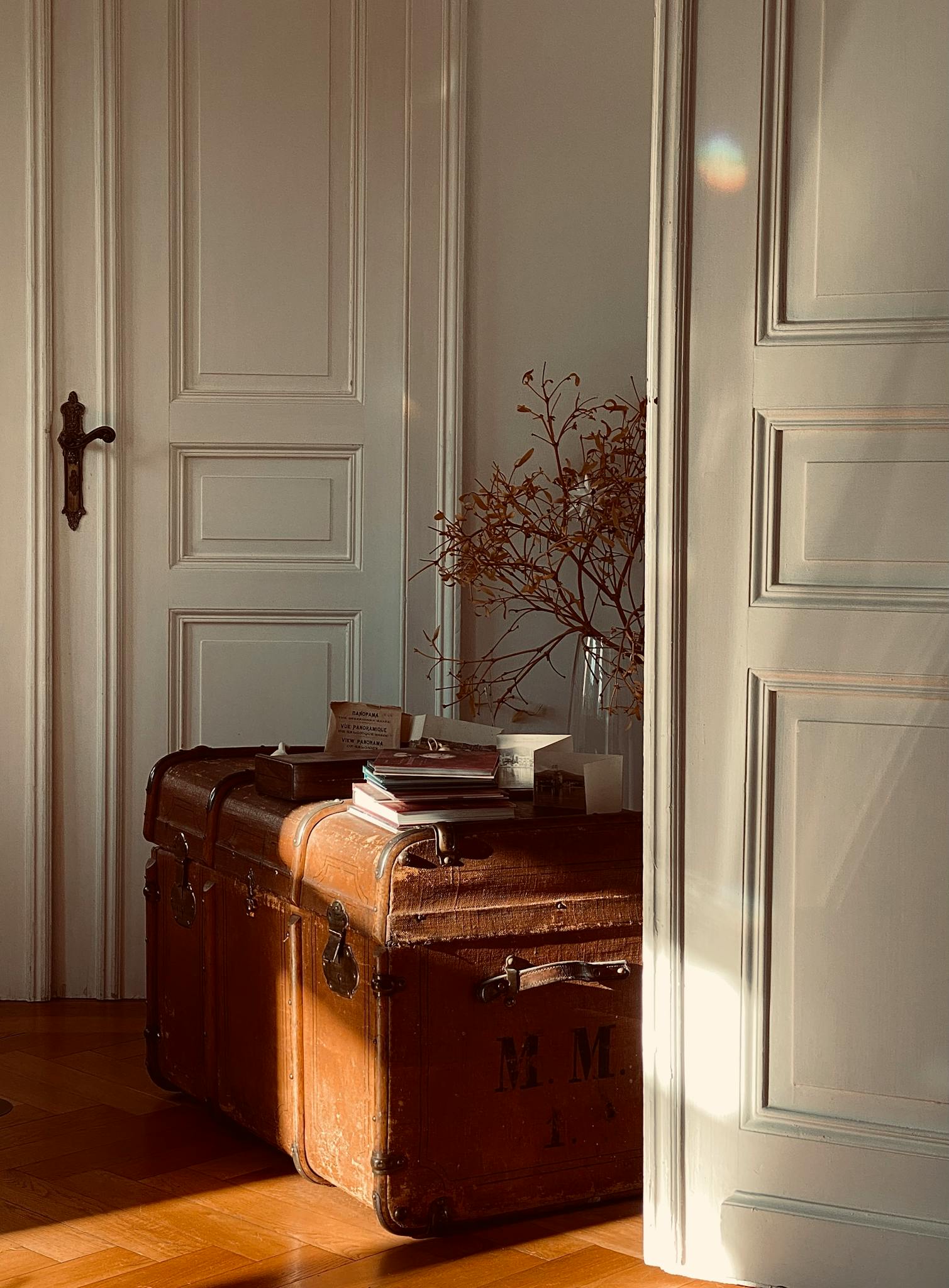 Warm, sunlit corner with vintage trunk, books, and dried flowers in elegant room.